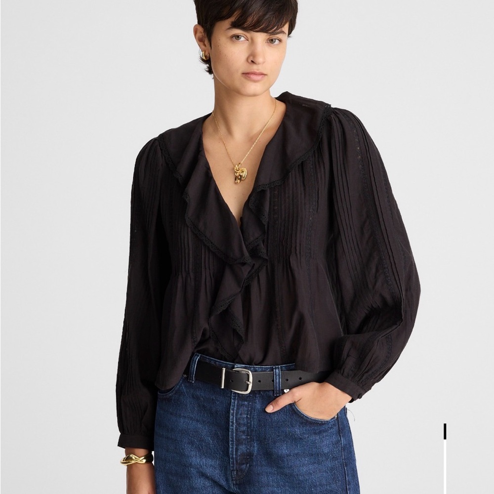 Madewell Black Ruffle-Front Long-Sleeve Blouse